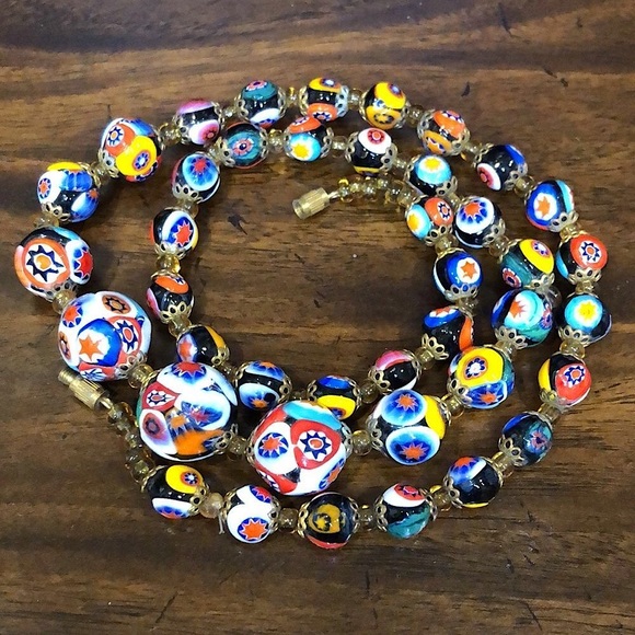 VINTAGE Graduated Millefiori Italian Hand Blown Glass Bead Necklace 22” - Picture 2 of 12